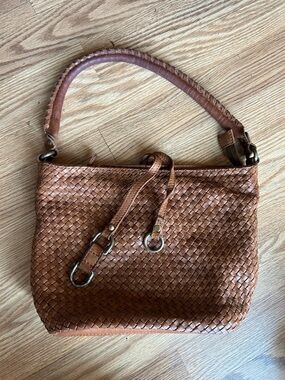 Genuine Leather Basket Weave Hobo Shoulder Bag, Brass Hardware